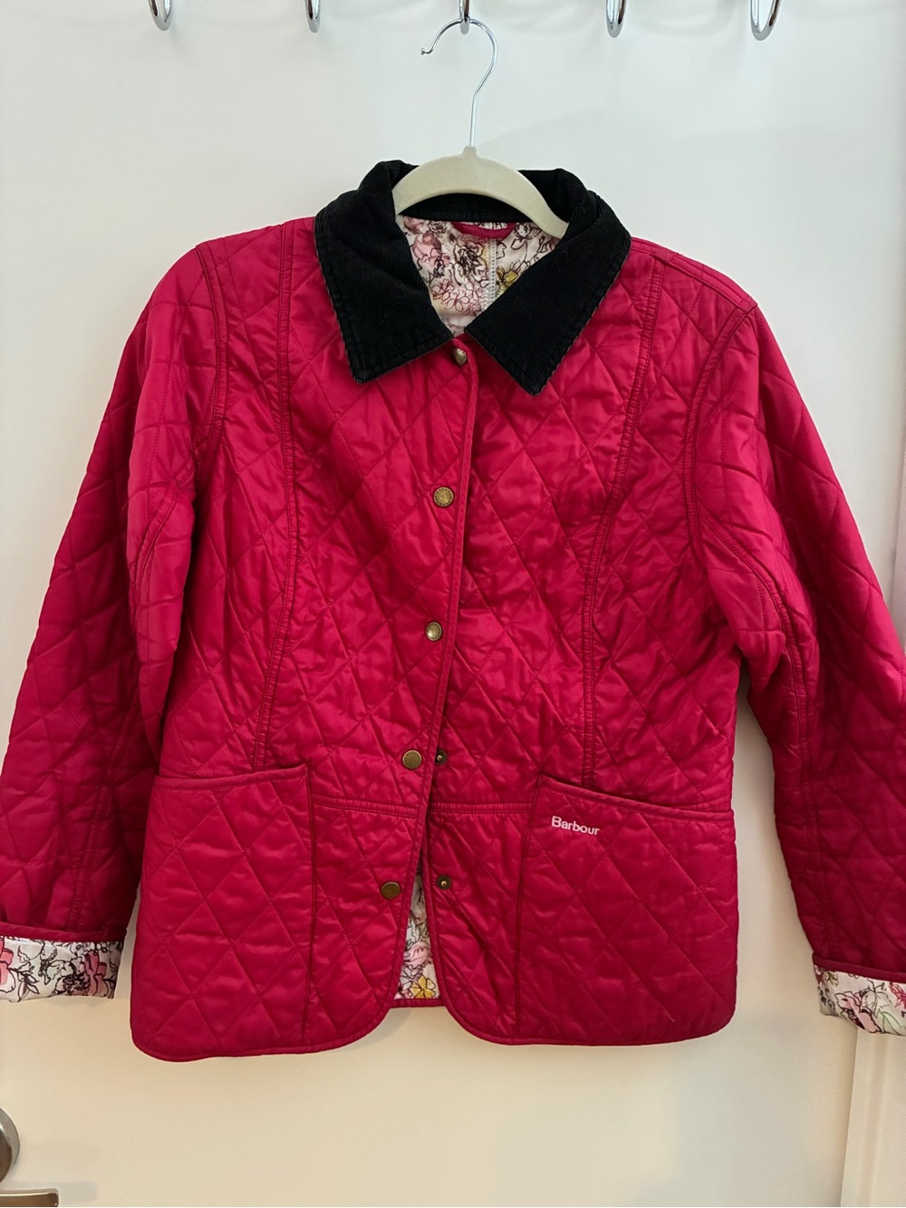 Barbour Quilted Dark Pink Jacket with Floral Lining and Black Collar 8